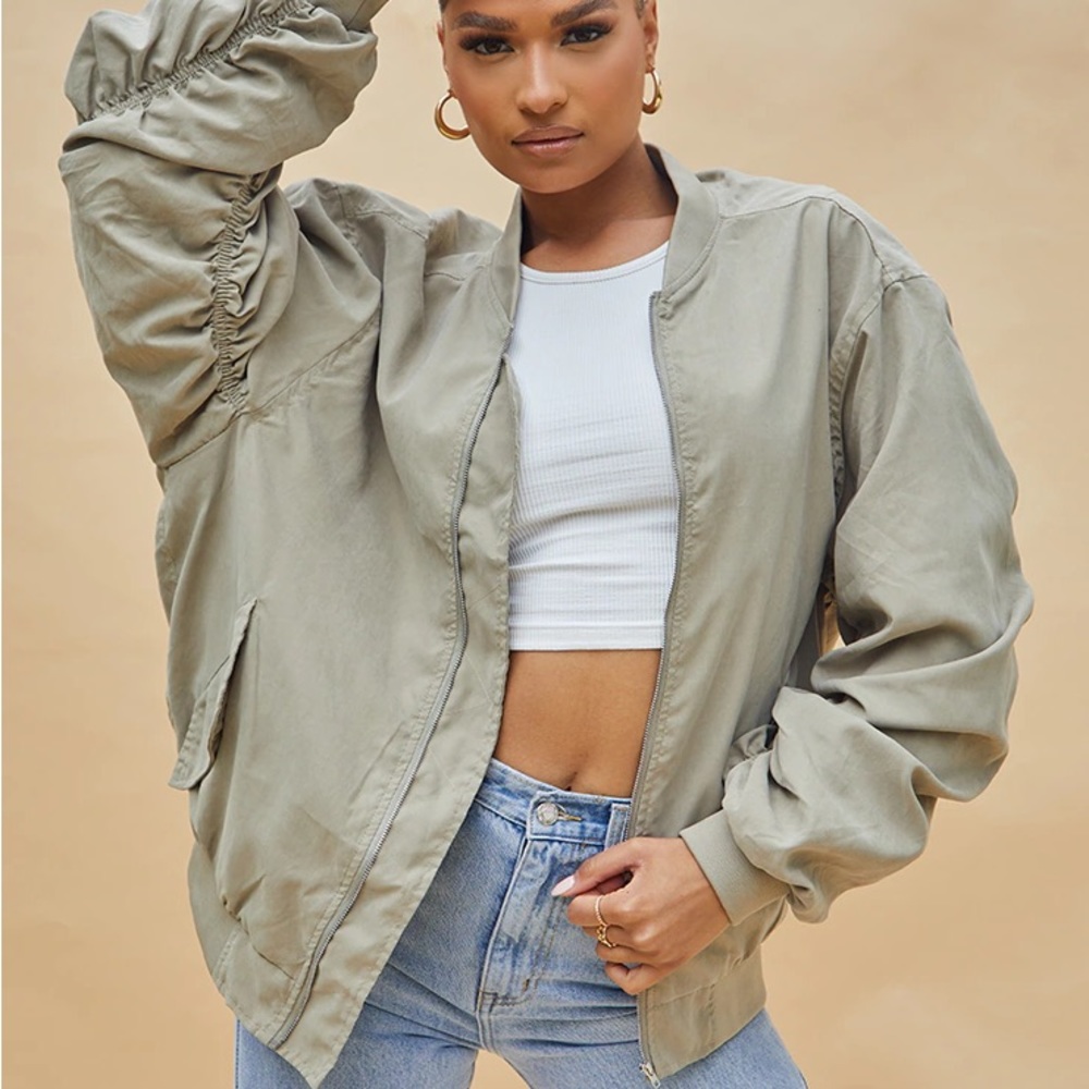 Sage Peach Skin Oversized Ruched Sleeve Bomber Jacket